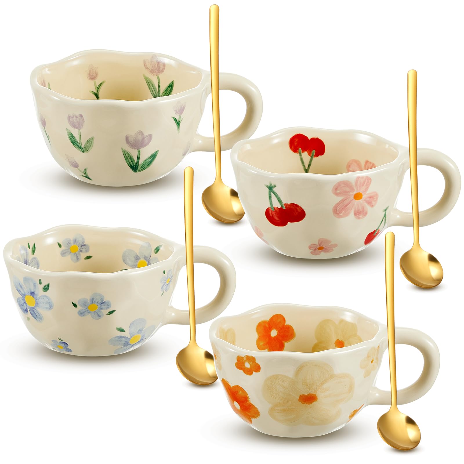 Photo 1 of Vesici 4 Styles Cute Ceramic Flower Coffee Mug Set 8. 5 oz Vintage Aesthetic Porcelain Floral Tea Coffee Cup with Handle Dishwasher Microwave Safe for Woman Girls Gifts