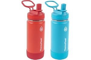ThermoFlask Kids Bottle with Straw Lid - Durable & Dishwasher-Safe Water Bottles & Lids - Leak-Proof Bottle Lid Design - Reusable Water Bottles for Everyday Use - 16 oz, Red/Blue (2 Pack)