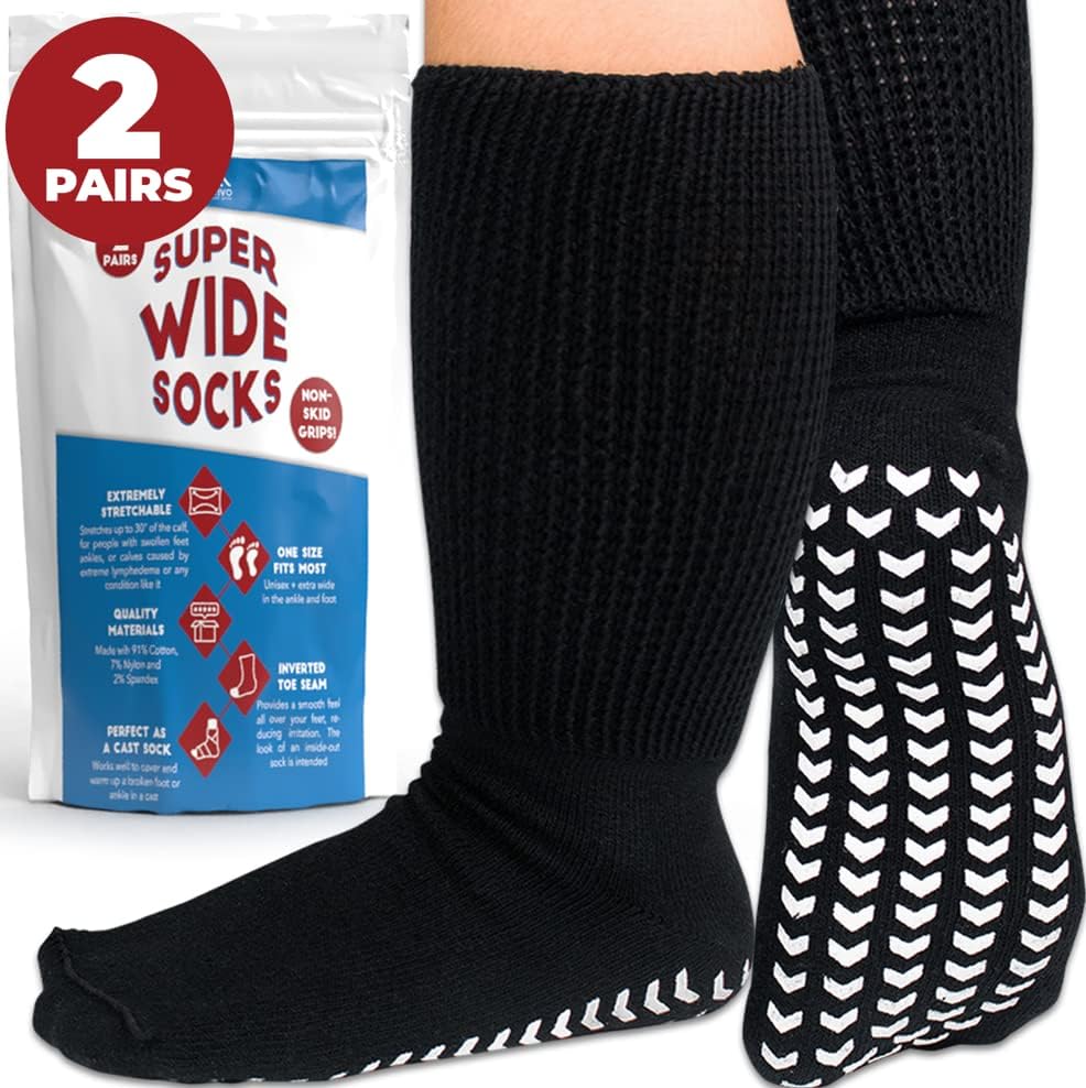 2 Pairs Extra Wide Socks for Swollen Feet, Hospital Socks, Non Slip