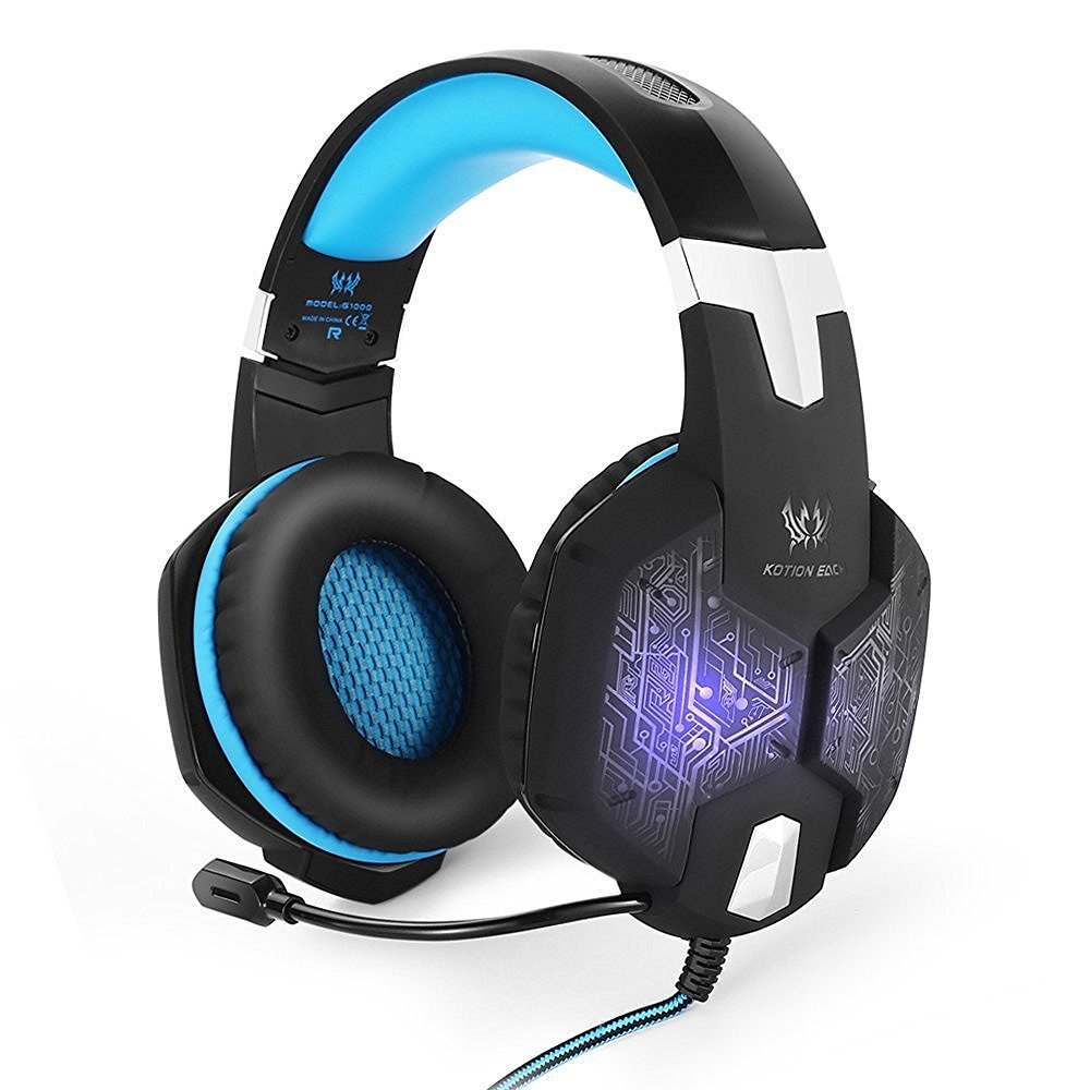 KSCAT G1000 Gaming Headset Kopfhörer USB/Klinken-Stecker Mikrofon LED Effekt für PC Film Gaming Spielen Chat Musik (Blau1)