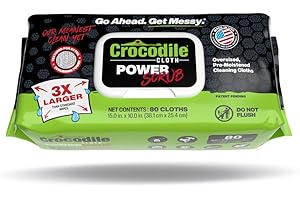 Crocodile Cloth PowerSCRUB Cleaning Wipes – 80 (15" x 10") Dual-Surface Cloths, Heavy-Duty, Moist, Absorbent, & Disposable - Safe on Skin & Multiple Surfaces