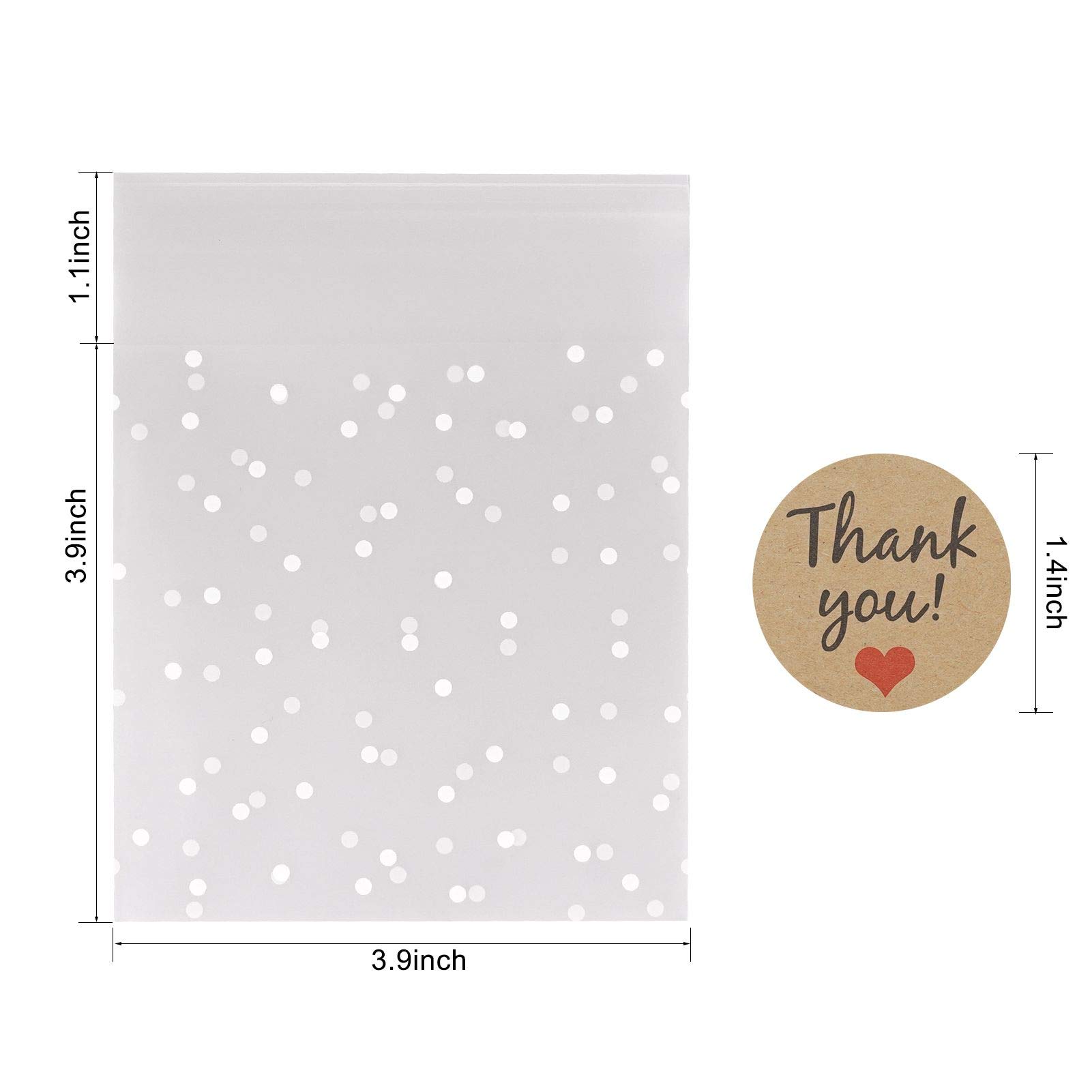 Self Adhesive Cookie Bags, White Polka Dot Individual Resealable Cellophane Treat Bags with Thank You Stickers for Gift Giving (3.9''x3.9'', 100 Pcs)