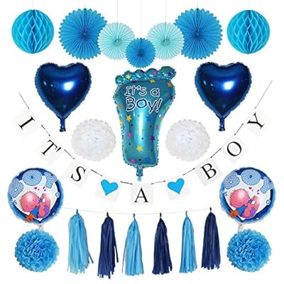 BABY SHOWER Decorations for BOY â€“ Decoration Set â€“ ITâ€™S A BOY Banner, Large Balloons, Blue & White Pom Pom Flowers, Honeycomb Balls, Tassels, Fans â€“ Cute All in One Party Decor Wall Kit!