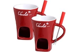 Chocolate Fondue Cup 2Pcs, Ceramic Mug with Tealight Cave & Fork Hole, Red Fondue Set for Dessert Party