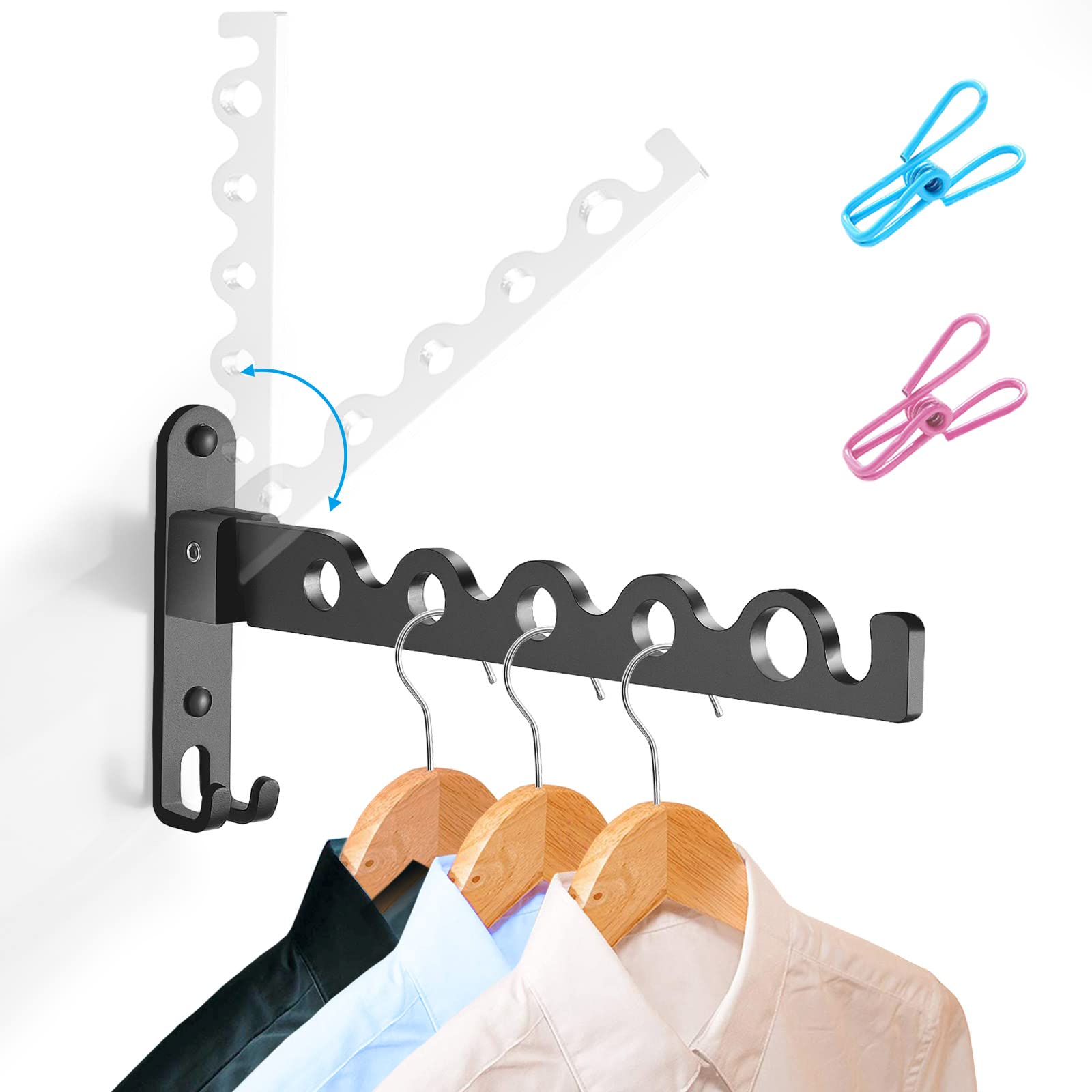 LIVEHITOP Small Wall Clothes Airer, Foldable Drying Rack Hook 90° Rotation Modern Coat Hanger for Laundry Bedroom Bathroom Balcony (Black,1)