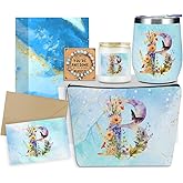 Personalized Gifts Monogrammed Birthday Gifts for Women, Sister Cowerker Mom Boss Day Christmas Appreciation Initial Wine Tumbler Makeup Bag Scented Candle Bracelet Set, (Aesthetic Blue Flower B)