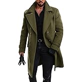 Runcati Mens Double Breasted Trench Coat Mid Long Jacket Notched Lapel Winter Chunky Warm Overcoat