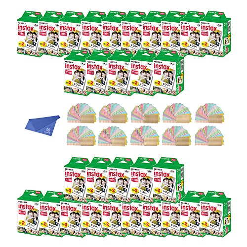Fujifilm Instax Mini Instant Film 30-PACK BUNDLE SET , Twin Pack ( 20 x 30 = 600 ) INSTAX MINI K R 2 + Original Cleaning Cloth + Stickers 200 pcs. for Mini 90 8 70 7s 50s 25 300 Camera SP-1 Printer