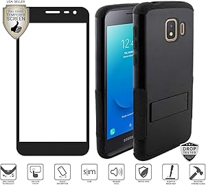 Compatible for Galaxy J2/J2 Pure/J2 Core/J2 Dash Case with Stand, with Full Edged Tempered Glass Screen Protector, Premium Tough Armor Shield Snap-On Hybrid [Shockproof] [Kickstand] (Black)