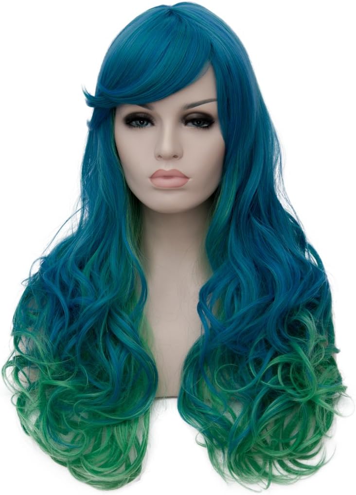 Womens Mermaid Wig Blue Green Cosplay Wigs Long Curly Wavy Wig with Bangs Halloween Costumes Wig with Wig Cap BU219