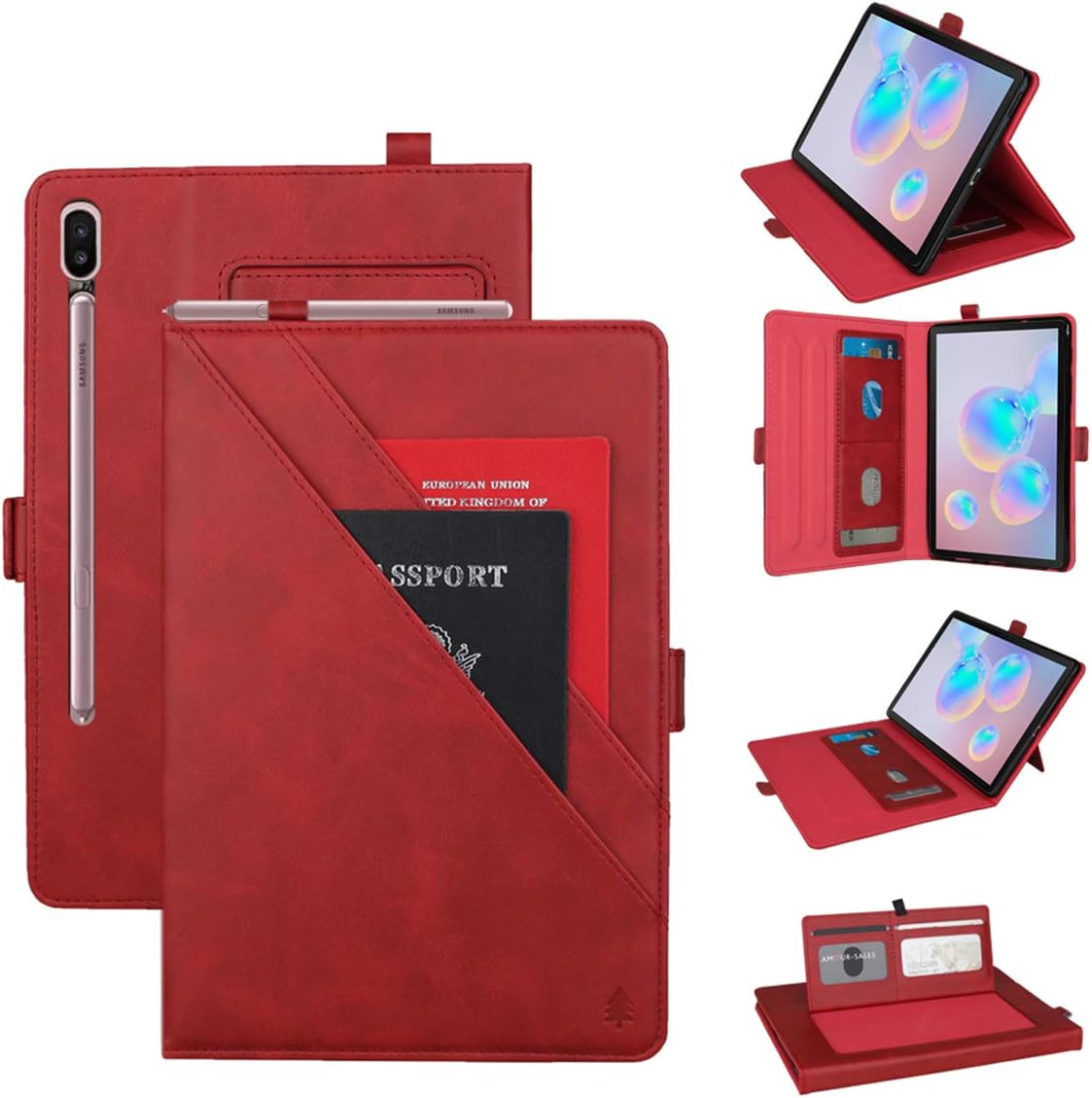 Lrker Dual Stands PU Leather Case for Samsung Galaxy Tab S6 10.5 Inch T860 T865, Cash Wallet Card Slot Document Pocket Pen Holder Auto Sleep/Wake Smart Full Cover Red