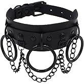 Obmyec Gothic Leather Choker Punk Choker Collar Harness Necklace Big Rings Chain Chokers Rock Nightclub Rave Party Necklace for Women