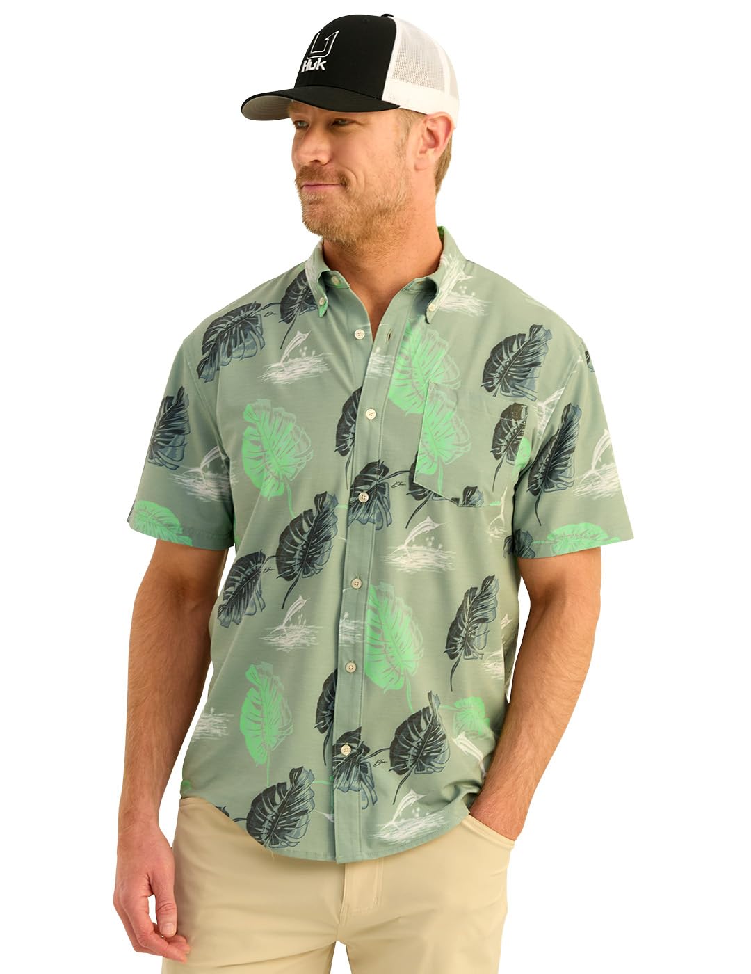 HUK Mens KC Scott Patterned Kona Shirt, Performance Button Down Shirt, KC - Fog Green, Small Image