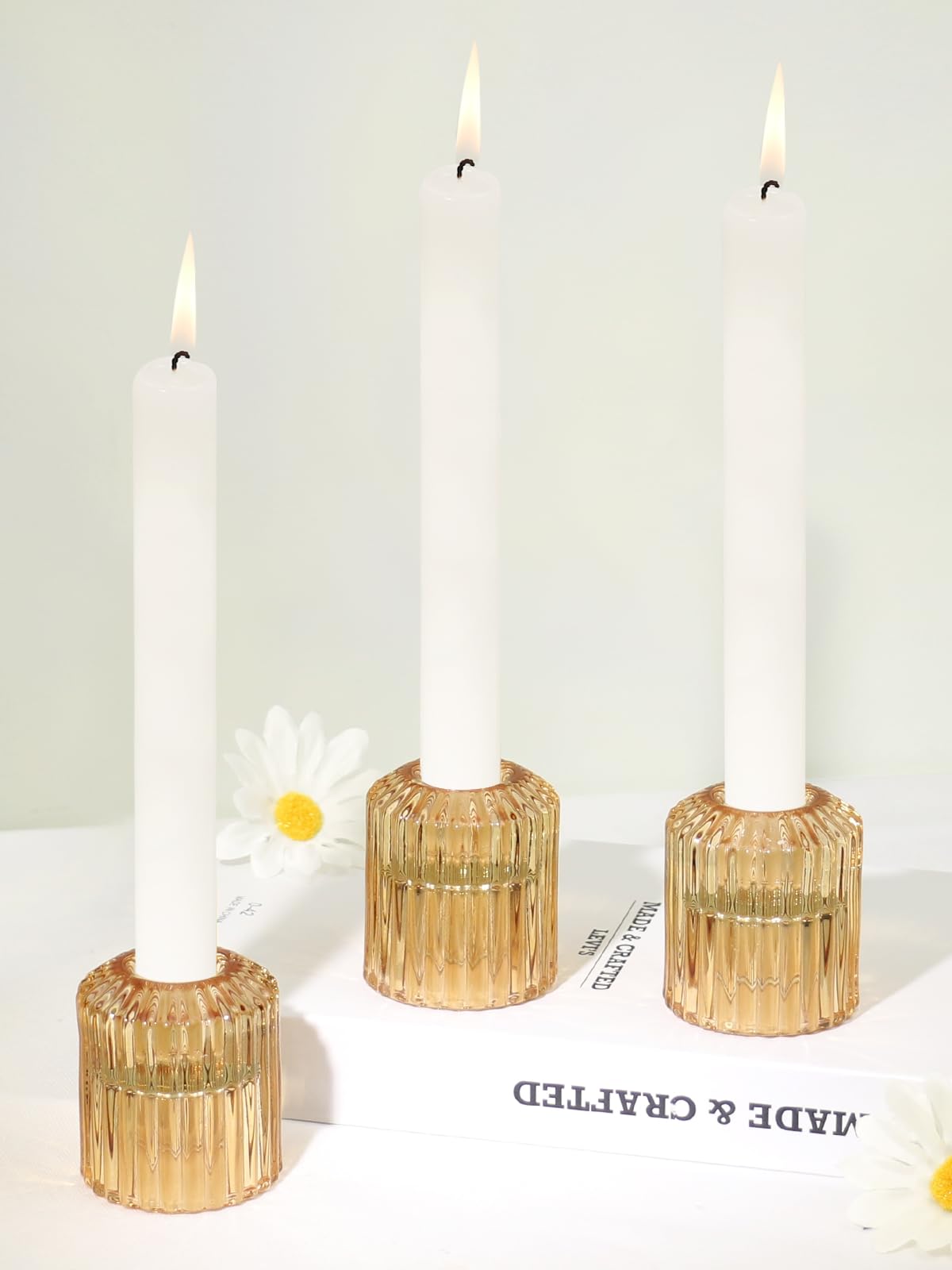 HofferRuffer Candlestick Holders Set of 3 Glass Candle Holders for Taper Candles & Tealight Candles Amber