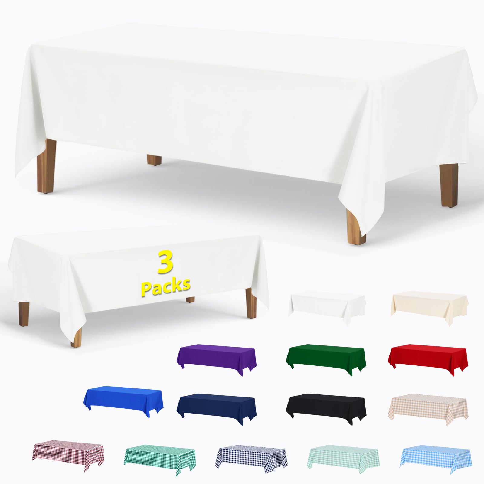 ABCCANOPY 3 Pack Rectangle Polyester Tablecloth 70 x 120 Inch Indoor Outdoor Stain-Resistant Washable Heavy-Duty Fabric Table Cover Elegant Home Decor White Image