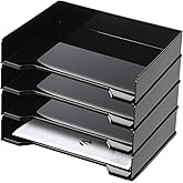 DoubleFill 4 Pcs Stackable Letter Tray Plastic Paper Tray, Black | 13 x 9.5 x 2.6 In, Rectangular, Paper Holder, File Tray for Desktop Office Desk Drawers