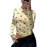 Women Y2k Long Sleeve Polka Dot Top Vintage Dot Print Slim Fit Going Out Crop Tops Cute Aesthetic Crew Neck Shirt Blouse