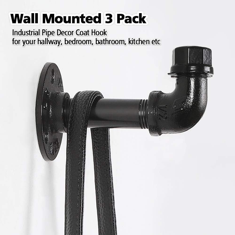 Towel Robe Hook Set, Industrial Iron Pipe Decor Coat Hook for Hanging, Heavy Duty Wall Mounted, Vintage DIY, 3 Pack - - 