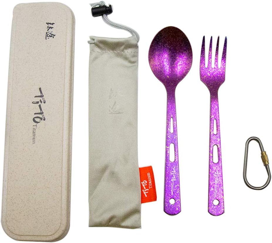 TiTo Titanium Spork Tableware Set Outdoor Camping Titanium Spoon Knife Collection 3 New Environmental Protection Sets with Box And Cloth Bag (2pcs Rose Spoon fork)