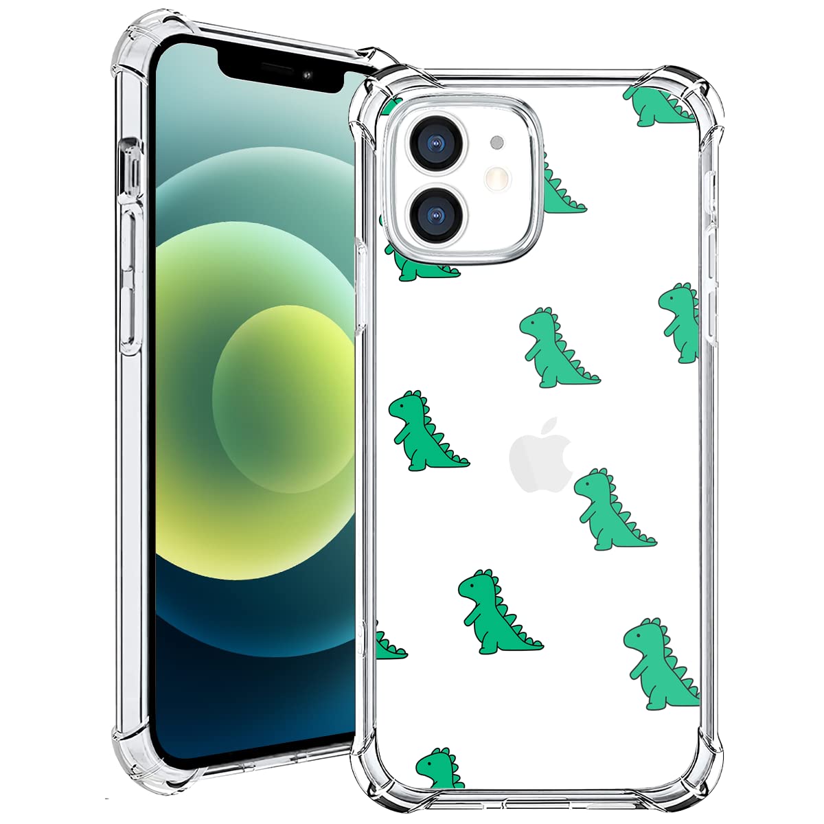 MAYCARI Cute Dinosaur Case Clear for iPhone 12/12 pro 6.1 Inch, Cartoon Animals Pattern Transparent Shockproof Anti-Scratch Soft TPU Cover with Air Cushion for Boys Men Women