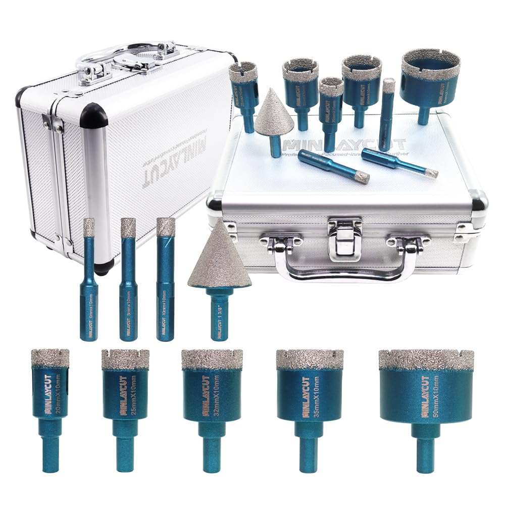 MINLAYCUT Porcelain Tile Drill Bits Set with Triangle Shank (6/8/10/20/25/32/35/50mm+35mm Hex Shank Tile Chamfer Beveling Bit）for Porcelain Tile Ceramic Marble Brick, Blue