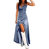 chouyatou Women's Spaghetti Strap Smocked Back Denim Dress Button Down A-Line Swing Flowy Maxi Jean Dress