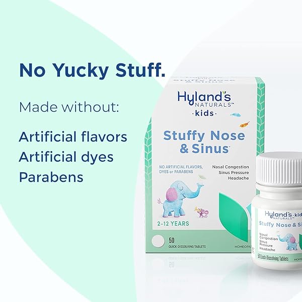 HYLAND’S KIDS STUFFY NOSE AND SINUS TABLETS, COLD MEDICINE FOR CHILDREN AGES 2 AND UP, HEADACHE RELIEF AND NASAL DECONGESTANT, QUICK DISSOLVING TABLETS, 50 COUNT