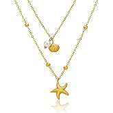 14K Gold - gold starfish necklace & Shell Pearl Charm Necklace for Women, Non - Tarnish Adjustable Chain Beach Jewelry, Perfect Summer Vacation & Seaside Adventure Accessory