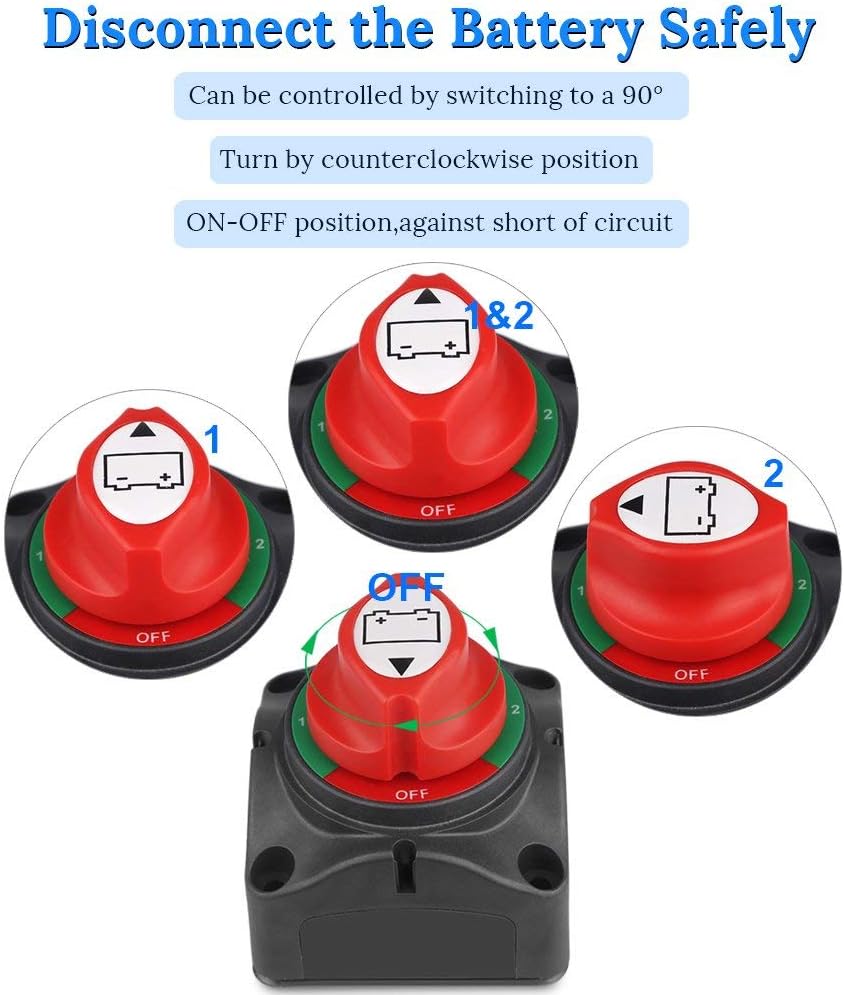 WATERWICH Battery Disconnect Switch Kit 1-2-both-off Isolator Marine Battery Switches 200/1250 Amp Waterproof for Ship Boat Yacht RV Camper Truck Car Vehicle(1-2-Both-Off with 3 Copper Ring Terminal): Automotive