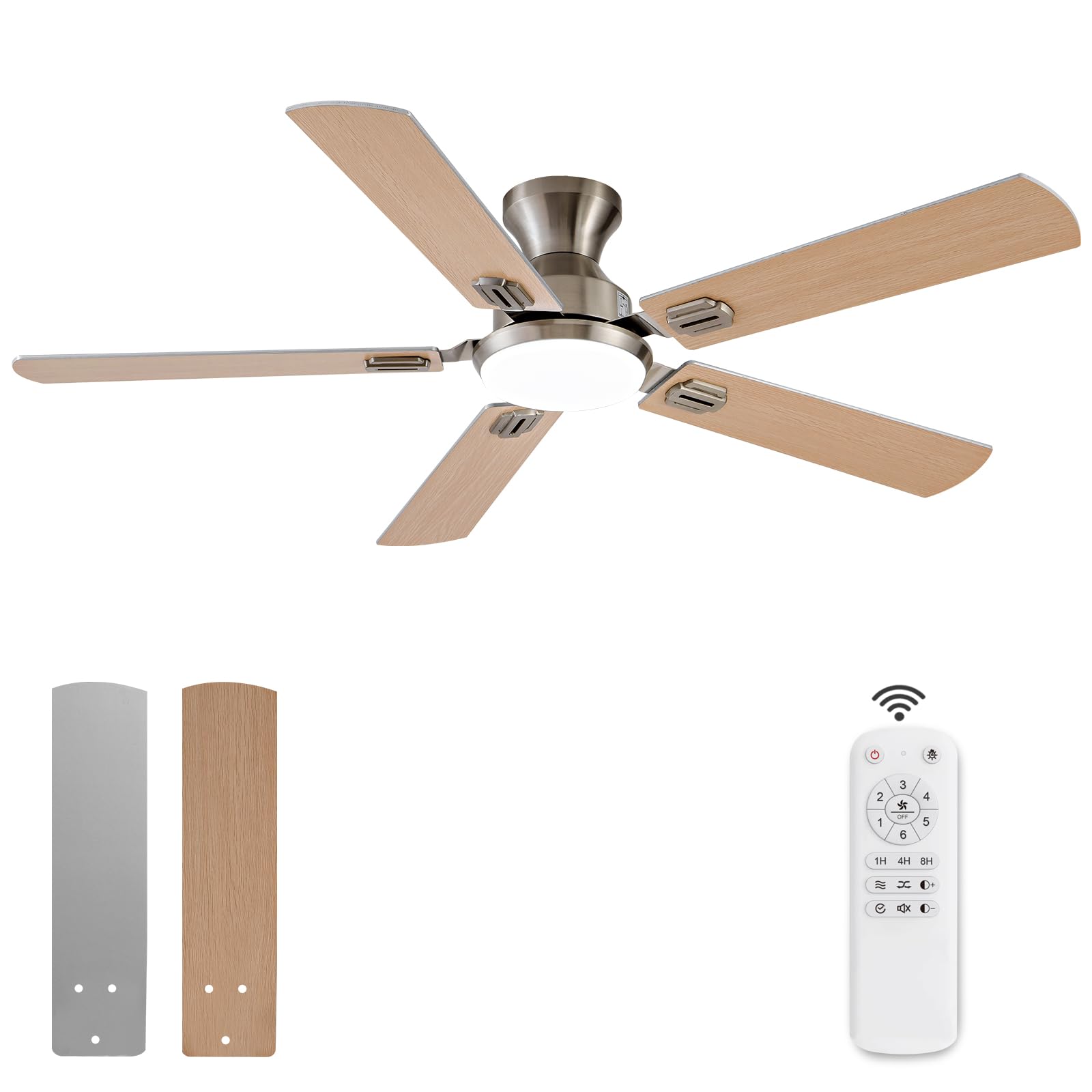 Photo 1 of KENSID 52 Inch Brushed Nickel Ceiling Fans with Lights and Remote,Low Profile Flush Mount Modern Ceiling Fan with Light,5 Blades,Dimmable LED Light,6 Speed DC Motor,Indoor Outdoor for Bedroom