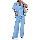 Tankaneo Womens 2 Piece Linen Sets Summer Vacation Outfits V Neck Puff Sleeve Babydoll Tops Wide Leg Pants Matching Sets