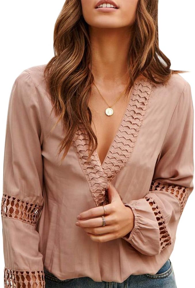 Ofenbuy Womens V Neck Lantern Long Sleeve Blouse Hollow Out Casual Summer Shirts Tops
