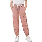 Latnnut Girls Cargo Pant Cotton Elastic Waist Joggers Pants for Kids Hiking Training Sweat Casual Trousers with Pockets