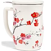 Tea Forte Ceramic Fiore Cup with Handle, Removeable Stainless Steel Infuser Basket and Lid, Steeps 14 oz Loose Leaf Tea, Dishwasher & Microwave Safe, Sakura
