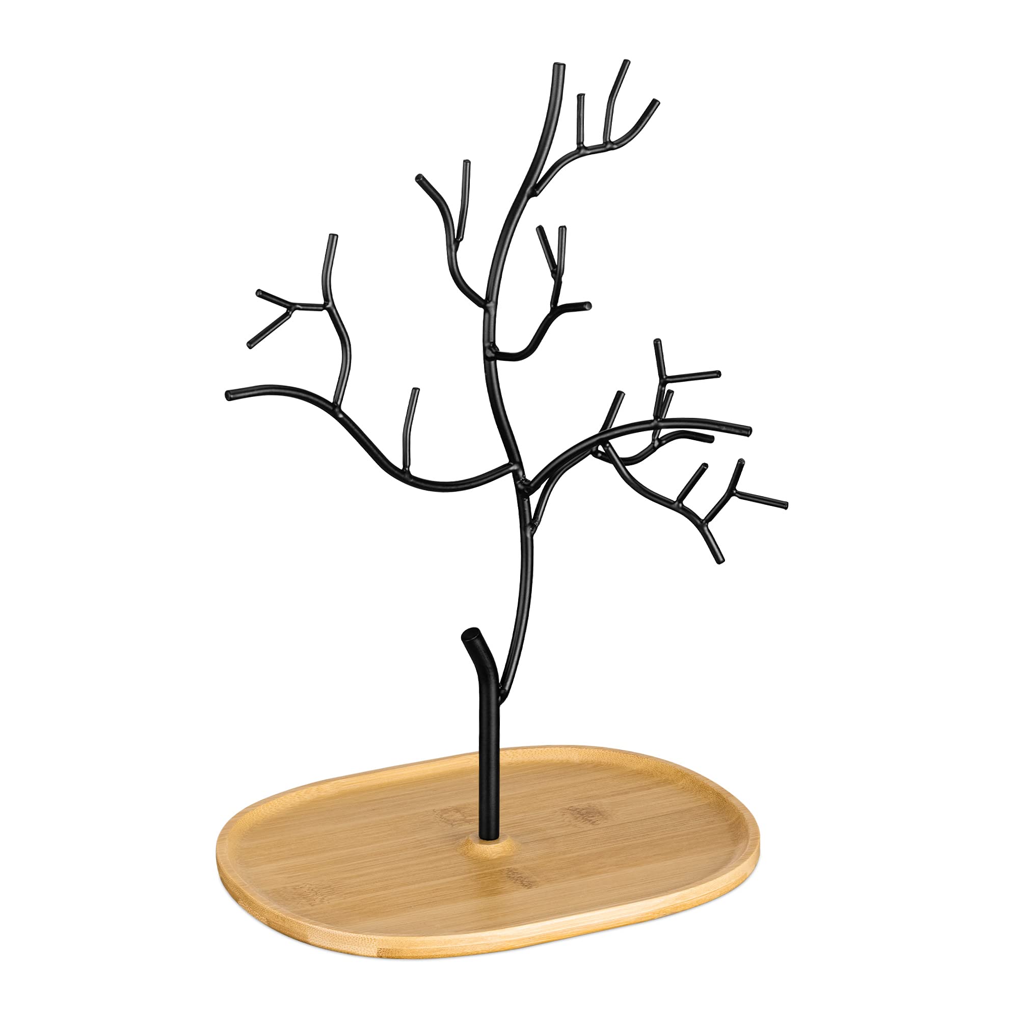 Navaris Metal Jewellery Tree Stand - Organiser Hanger Display Holder with Wooden Dish Base to Store Necklaces, Bracelets, Rings, Accessories - Large
