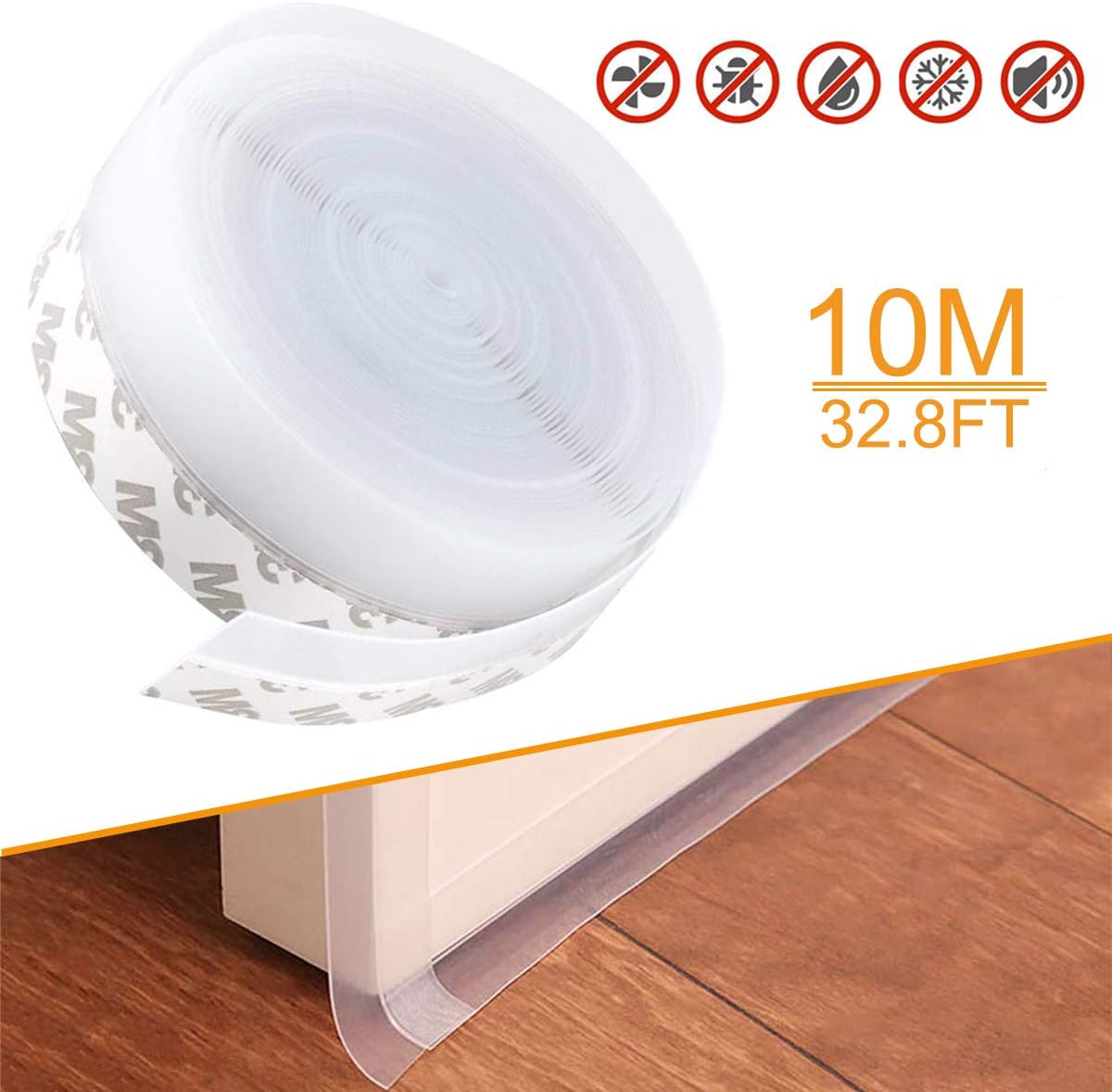 AurGun Weather Stripping Sealing Strip 32.8Ft, Large Size 35mm Silicone Door Bottom Seal Soundproof and Anti-Collision Adhesive for Doors and Windows Gaps (Transparent)