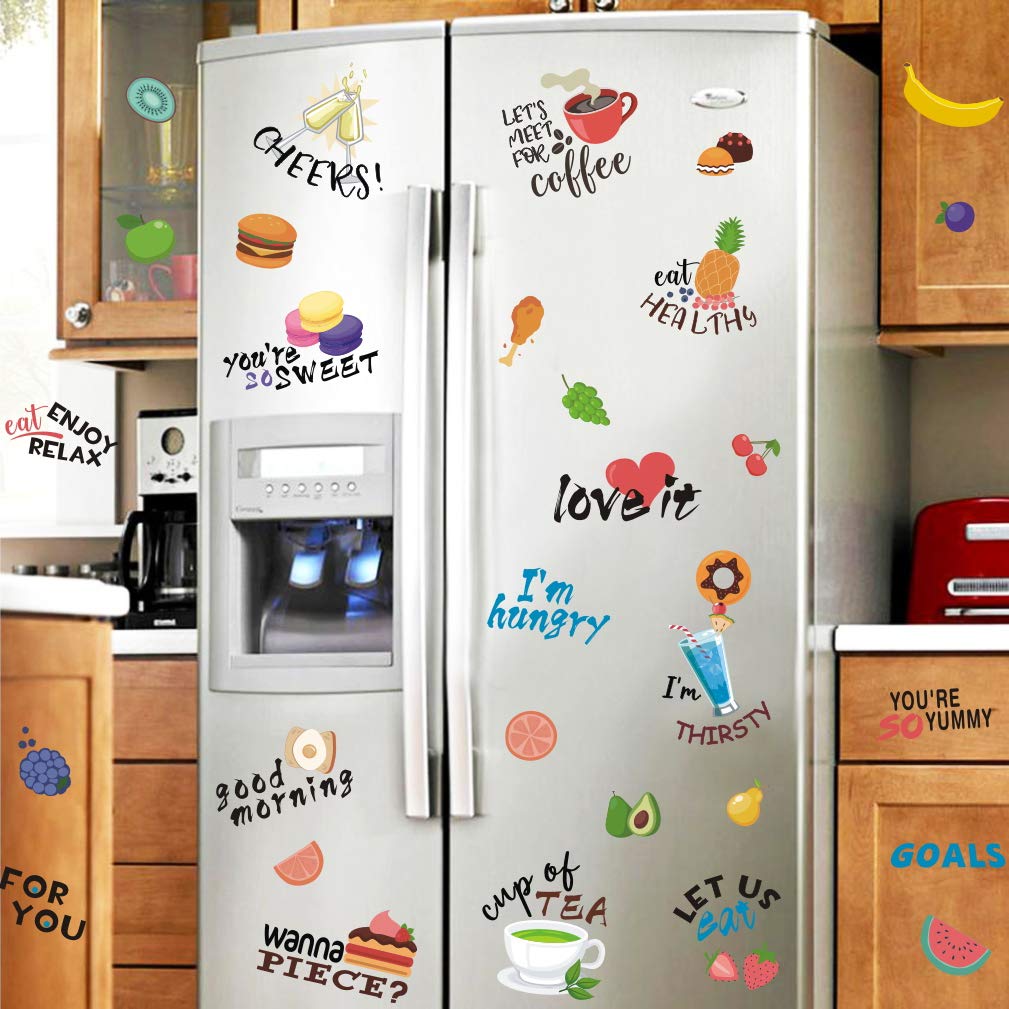 TOARTi Colorful Food Wall Decal (32 Decals), Apple Cake Fruit Dessert Hamburger Donuts Stickers, Dining Quotes Wall Art Funny Words Kitchen Quotes Decals for Kitchen Fridge Dining Room Decor