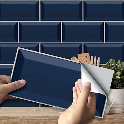funlife 54Pcs Navy Blue Tile Stickers Peel Stick 20x10cm Splashback Kitchen