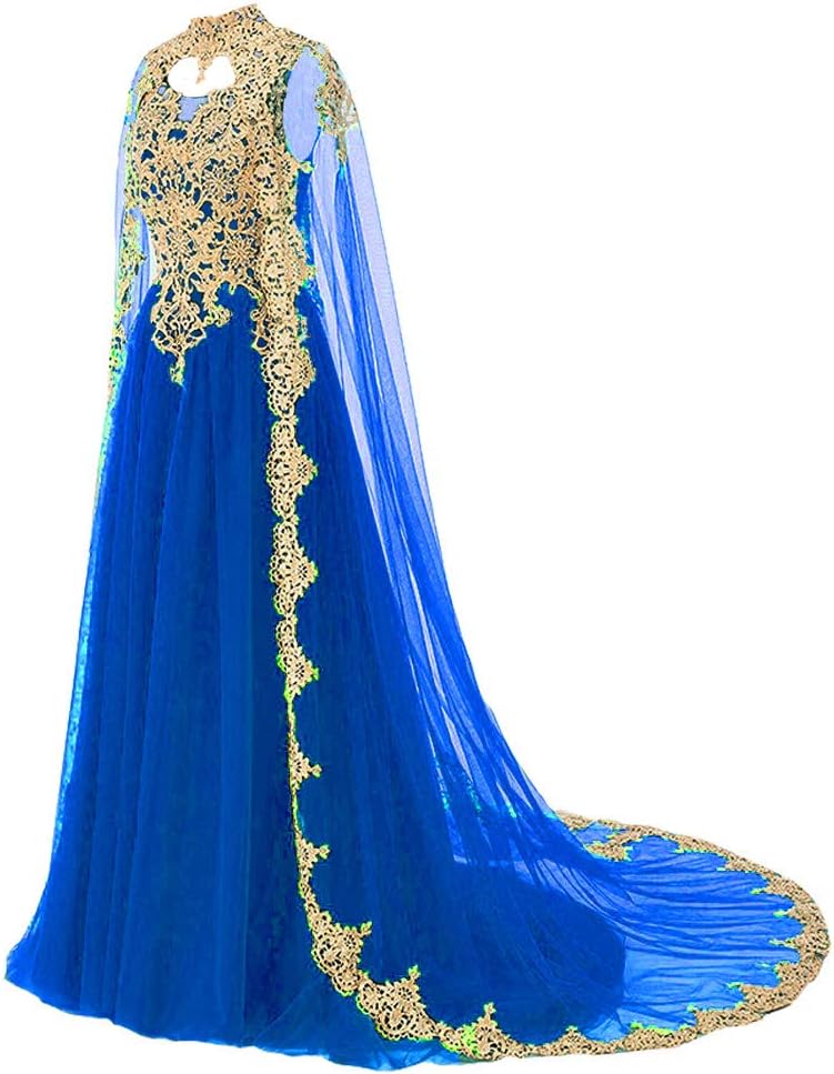 Kivary Gold Lace Long Prom Evening Dresses Wedding Gowns With Cape
