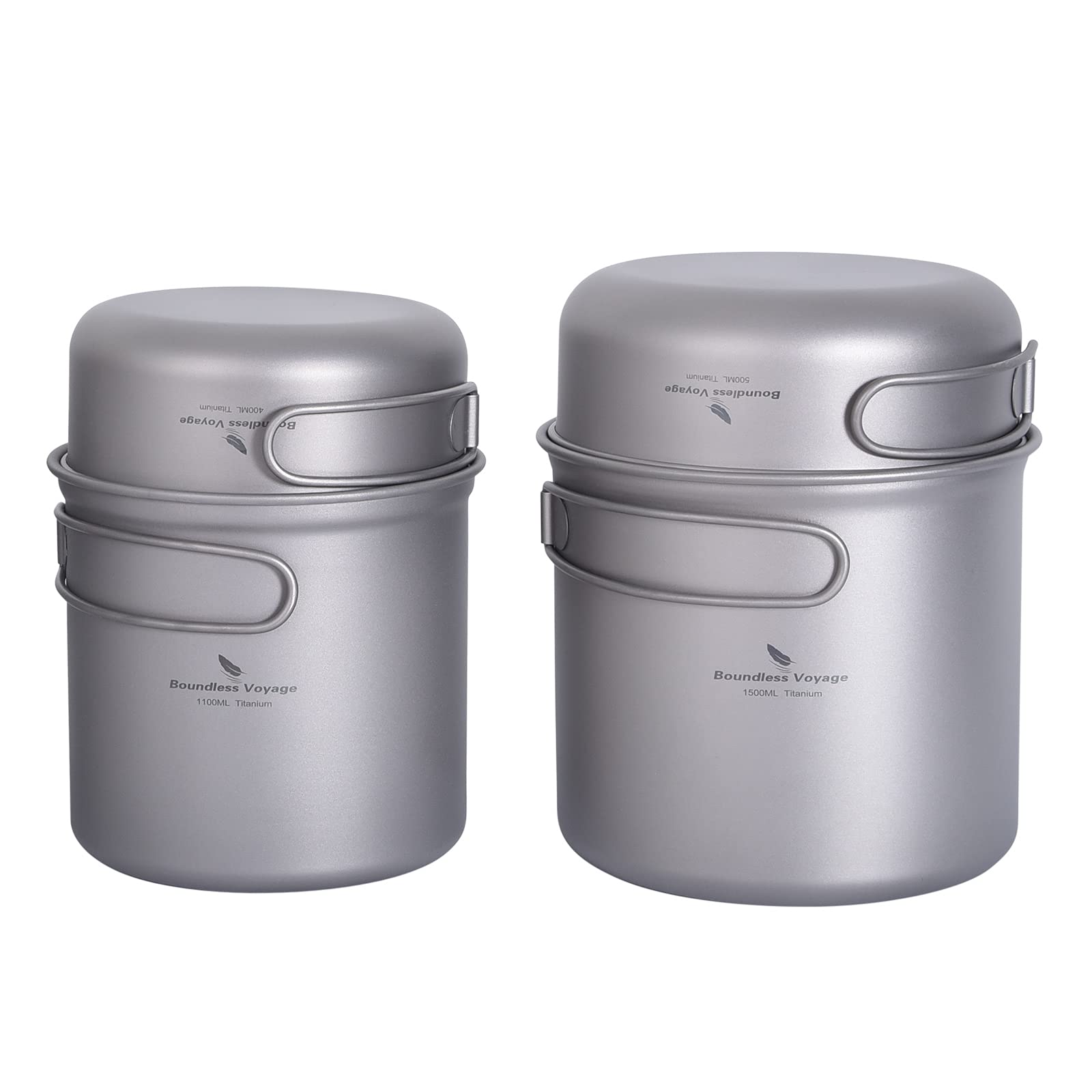 iBasingo Titanium Cooking Pots Pans Set 400ml & 1100ml & 500ml & 1500ml Stackable Outdoor Camping Cookware Set with Folding Handle Ultralight Picnic Hiking Portable Bowls Cups Mess Kit Ti2052C