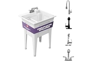 Freestanding Utility Sink with Two Handle Chrome Faucet - 24" Plastic Utility Sink for Garage, Laundry, Indoor and Oudoor Use - Laundry Tub Kit by Noah William Home - White (19.5 gal)