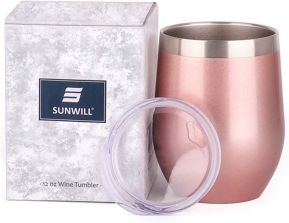  | SUNWILL Insulated Wine Tumbler with Lid Rose Gold, Double Wall Stainless Steel Stemless Insulated Wine Glass 12oz, Durable Insulated Coffee Mug, for Champaign, Cocktail, Beer, Office: Wine Glasses
