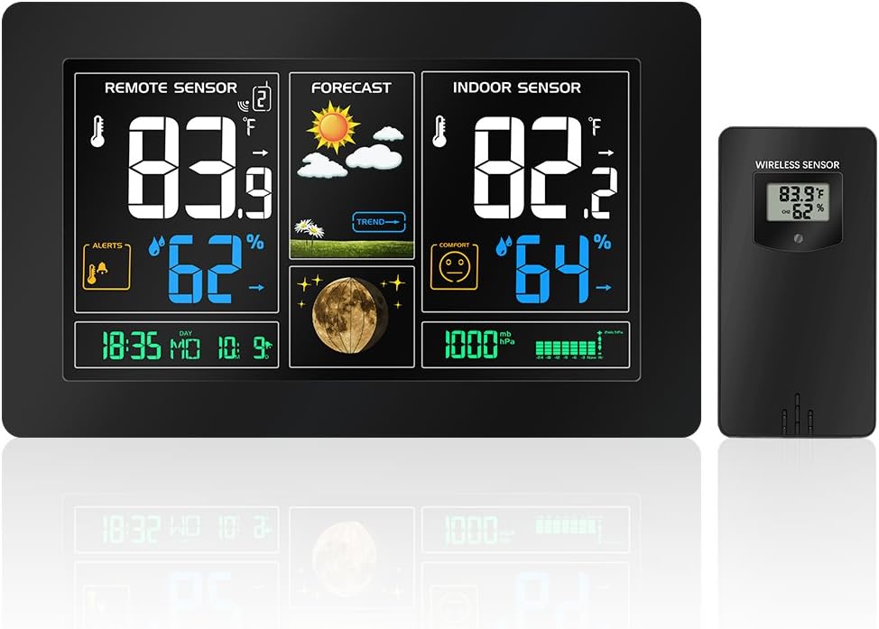 ProtmexWireless Forecast Station, PT3378 Digital Color Forecast Weather Station with Alert and Temperature/Humidity/Barometer/Alarm/Moon phase/Atomic Clock and USB Charging with Outdoor Sensor Black