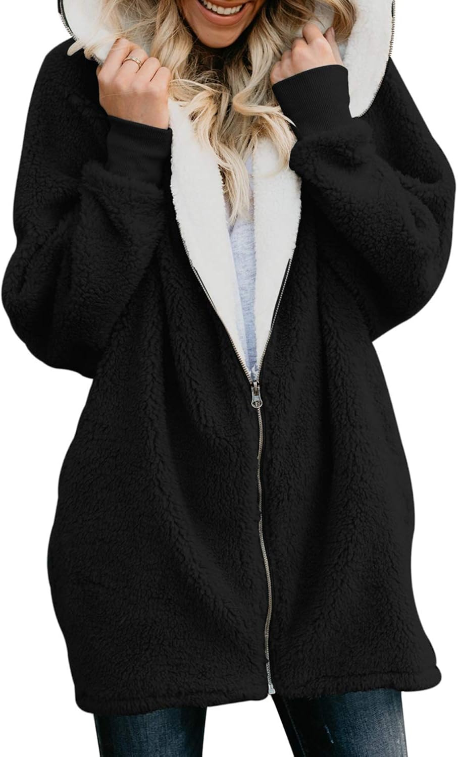 ReachMe Women's Oversized Full Zip Up Sherpa Hoodie Fleece Jacket with Pockets at  Women's Coats Shop