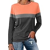 Jeqeocafy Women's Color Block Tunics Tops Crewneck Long Sleeve Shirts Casual Pullover Loose Fit T-Shirt