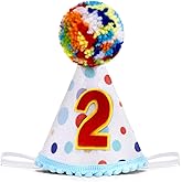Chanaco 2nd Birthday Hat, Second Birthday Decoration, Birthday Hat with Colored Fur Balls Topper, Two Year Old Birthday Conical Cap for Party Favors