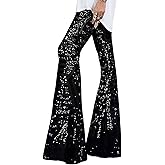 EVALESS Women Sequin Pants Sparkly Glitter High Waisted Wide Leg Flare Trousers Bell Bottom Night Out Clubwear