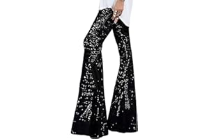 EVALESS Women Sequin Pants Sparkly Glitter High Waisted Wide Leg Flare Trousers Bell Bottom Night Out Clubwear