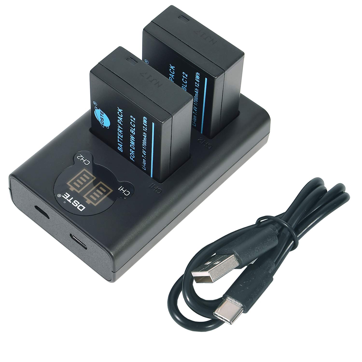 DSTE Compatible for 2x DMW-BLC12E DMW-BLC12PP BP-DC12 Battery + Dual USB Charger with LCD Display and Panasonic Lumix DMC-G6 DMC-G7 DMC-GH2 DMC-FZ200 DMC-FZ200GK DMC-FZ1000 V-LUX4 Leica Q Camera