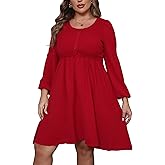 HBEYYTO Womens Plus Size Long Sleeve Dress Smocked Crewneck Button Up Empire Waist A-Line Flowy Swing Mini Dress 1X-5X